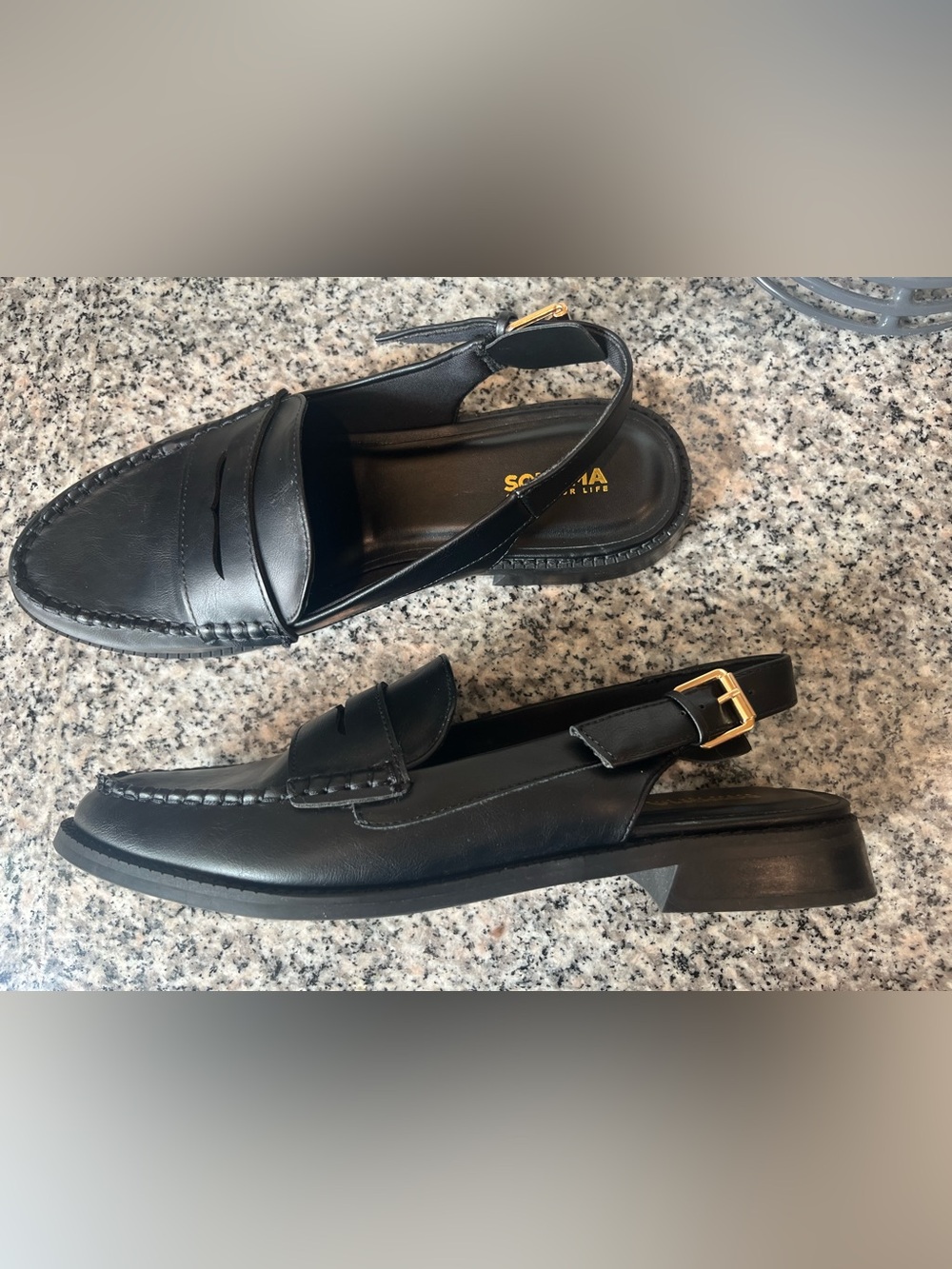 Sonoma Black Leather Slingback Loafers with Gold Buckle